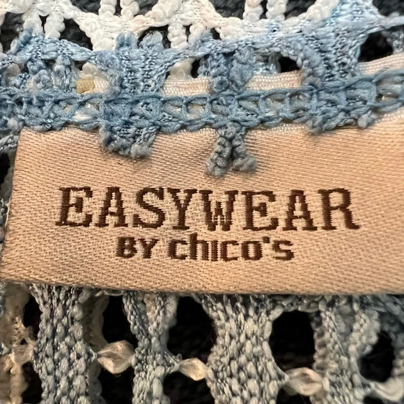 Easywear by Chicos Sky Blue & White Tie Dye Design Open Work Cardigan. Size 3. - Picture 2 of 9